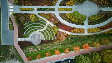 lush garden scene, structured garden with trees, formal garden with pathways and lush plants