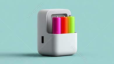 A Modern Battery Charger Displaying Colorful Rechargeable Batteries in a Sleek White Design, Perfect for Eco-Friendly Power