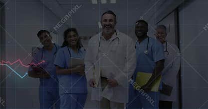 Medical team walking hospital hallway as colored line graphs sliding and growing monitoring trends