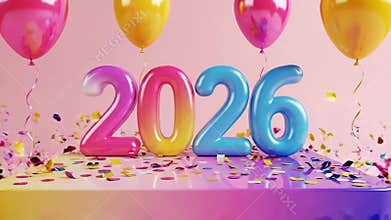 Colorful 2026 celebration with balloons and confetti on a gradient stage