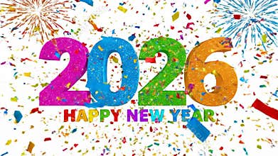 Colorful 2026 celebration with confetti burst for holiday greetings