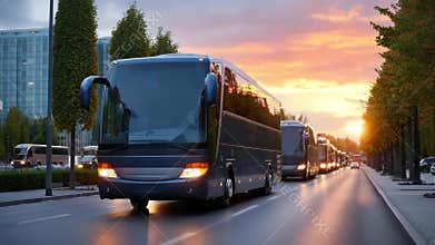 Row of modern tour buses against glass buildings at sunset in urban scene. Scheduling Transportation to Practices, travel or
