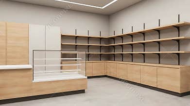 Modern Retail Store Interior With Wooden Shelving And Display Case Neutral Lighting