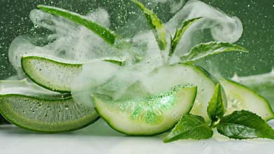 Refreshing Aloe Vera and Cucumber Slices with Green Glitter Particles and Gentle Mist Presentation for Skincare Product