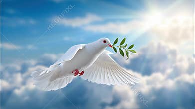 White dove carrying an olive branch, symbolizing peace and hope, flying through a cloudy blue rays sun with sky video 4k