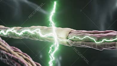 Detailed 3D Rendering of a Nerve Cell Axon Firing Electrical Impulses with Vibrant Green Lightning Energy Flow Illustrating Neural