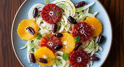 Fresh citrus salad with oranges blood oranges fennel olives and mint on a blue plate