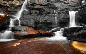 Mountain river waterfall, rocks and clean water