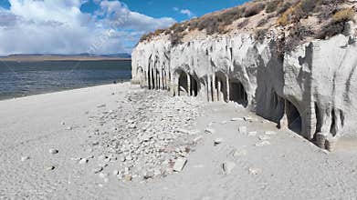 Aerial Crowley Lake Limestone Columns California Shoreline Fly Through
