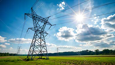 Spectacular High-Voltage Power Tower Under Golden Sunlight
