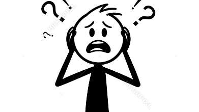 Anxious Stick Figure Man Holding Head in Distress with Question Marks and Exclamation Points on White Isolated Background Simple
