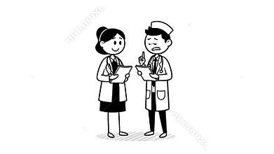 Two Cartoon Doctors In Black And White Discussing Medical Charts With Stethoscopes Around Necks Against A White Isolated