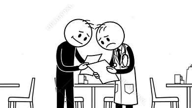 Two Stick Figures Discuss Medical Papers One Appears Concerned The Other Reassuring In A Cafe Setting With Minimalist Tables and