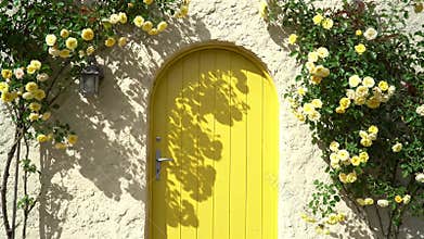 Bright Yellow Arched Door Framed by Climbing Roses in a Sunlit Garden Wall