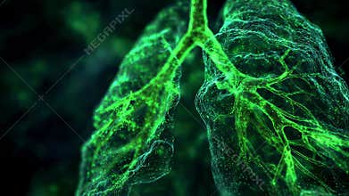 3D visualization of cellular damage caused by hydrogen sulfide gas featuring green overlay symbolizing poisoning within