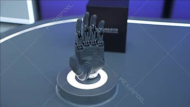 Futuristic bionic prosthetic hand rotating on illuminated stand, ai technology exhibition, advanced engineering for artificial