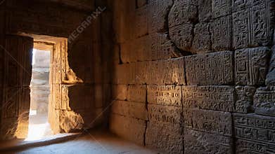 Ancient Egyptian Hieroglyphics Inside a Sunlit Stone Temple Entrance