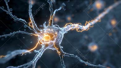 Artistic rendering of fluorescent electrical spark racing down nerve cell axon capturing rapid neural firing and