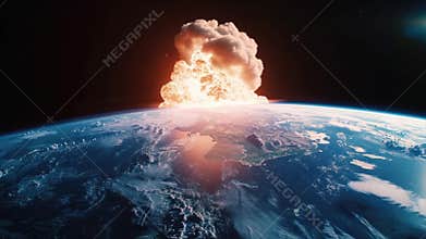 Nuclear explosion on the surface of planet Earth, view from space. Atomic bomb blast. Apocalypse or world war