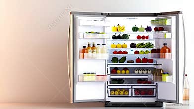 The doors to a spacious refrigerator open, revealing a variety of fresh produce and beverages, exemplifying healthy eating and