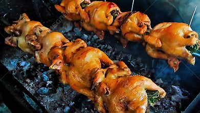 Golden Brown Rotisserie Chickens Grilling Over Hot Coals