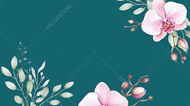 Soft Pastel Watercolor Floral Border with Pink Blossoms and Delicate Leaves at Corners on White Background