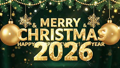Festive christmas greeting with golden ornaments and sparkling background