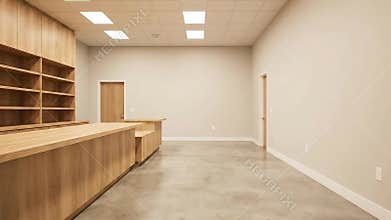 Empty Retail Store Interior with Wooden Shelving and Countertops