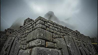 Machu Picchu mist timelapse shows grey fog moving around ancient stones in the mountains