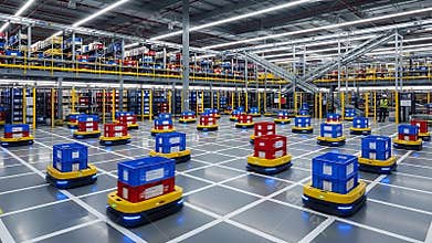 Automated warehouse floor bustling with autonomous mobile robots transporting colorful inventory totes efficiently