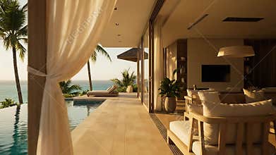 Luxury Tropical Villa Infinity Pool Overlooking Ocean and Palm Trees