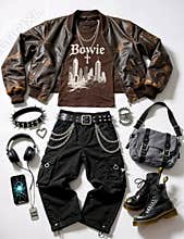 Urban Rebel Ensemble: A Flat Lay of Edgy Punk and Goth Fashion Essentials with Distressed Leather and Statement
