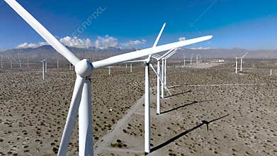 Wind Farm in San Gorgonio Pass near Palm Springs, California - Aerial Drone Push In
