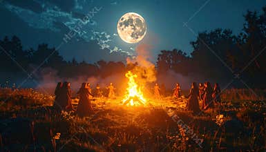 Circle of robed women dancing around bonfire under full moon in summer meadow suggesting pagan festival ritual, solstice
