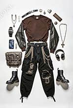 Urban Rebel Ensemble: A Flat Lay of Edgy Punk and Goth Fashion Essentials with Distressed Leather and Statement
