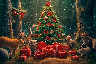 Magic of Christmas in a forest surrounded by joyful animals and gifts