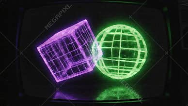 Glitched Abstract Geometric Shapes with Purple and Green Light