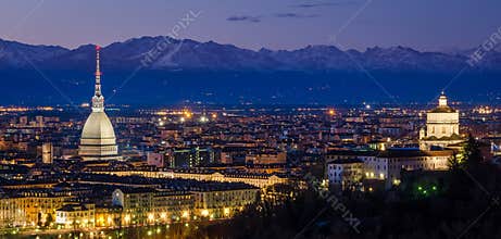 Turin (Torino), night panorama with Mole Antonelliana and Alps