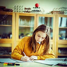 Young female college student in chemistry class, writing notes. Focused student in classroom.