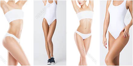 Sporty, fit and healthy female body in fitness collage. Young women in swimsuits isolated on white.
