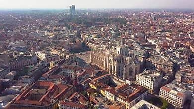 Aerial drone footage view of cathedral dome in Milan italy