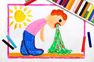 Drawing: Vomiting man. A sign of food poisoning or the effect of drinking alcohol
