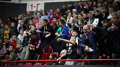 KAZAN, RUSSIA 23-12-18: basketball tournament. fans catching the items from players