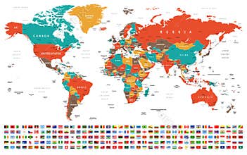World Map and Flags - borders, countries and cities -illustration