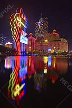 Wynn Macau television board tower and Grand Lisboa with light reflection on Performance Lake