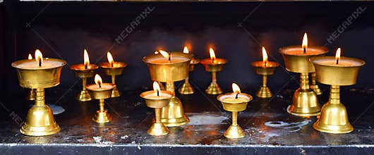 Row of Bronze Lamps - Diwali - Festival of Lights in India - Spirituality, Religion and Worship