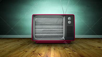 Zoom in animation of old TV turning on and no signal in a room with wooden floor