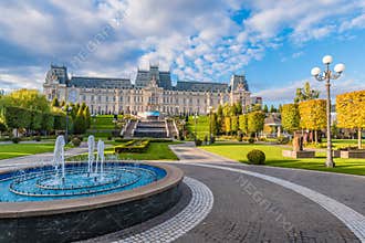 Panoramic view of Cultural Palace and central square in Iasi city, Moldavia Romania