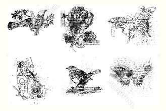 Set of six artistic bird, flower and butterflies