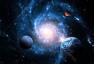 Planets of the solar system against the background of a spiral galaxy in space.